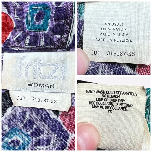 Vintage 80’s Fritzi Shirt Sleeve Button Down Shirt Floral Hawaiian Style Large - Picture 3 of 9